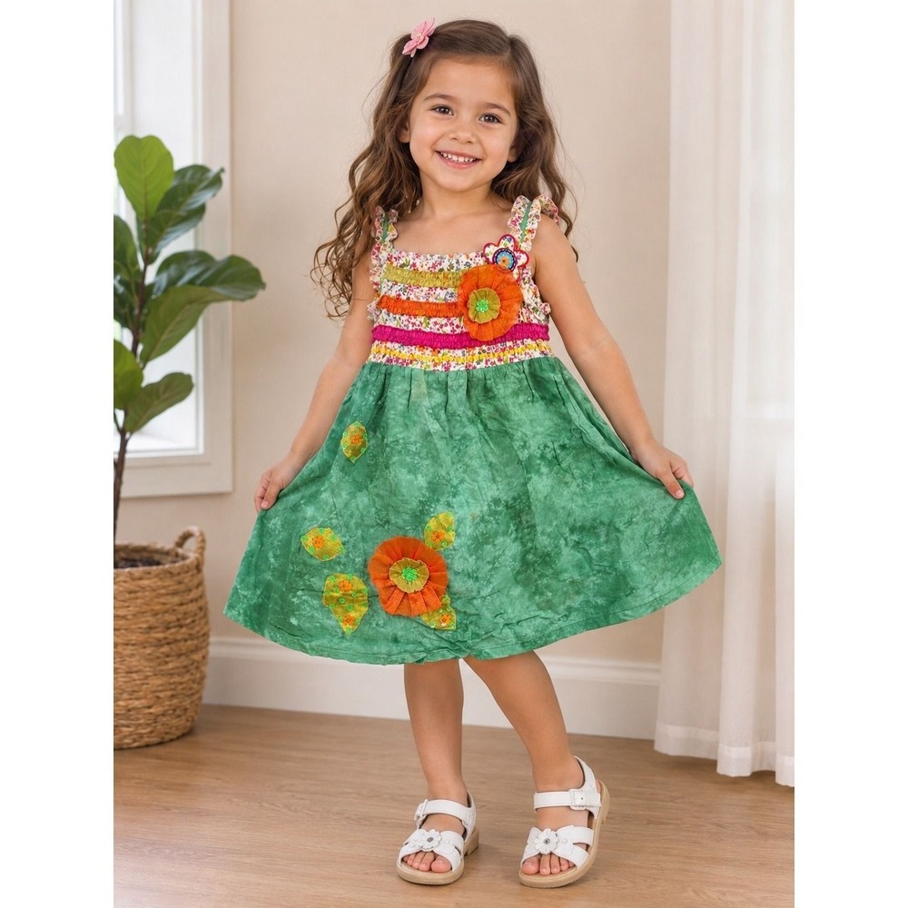 Michael Simon Girls 4T Green Floral Appliqué Sundress Orange Pink Boho Cotton